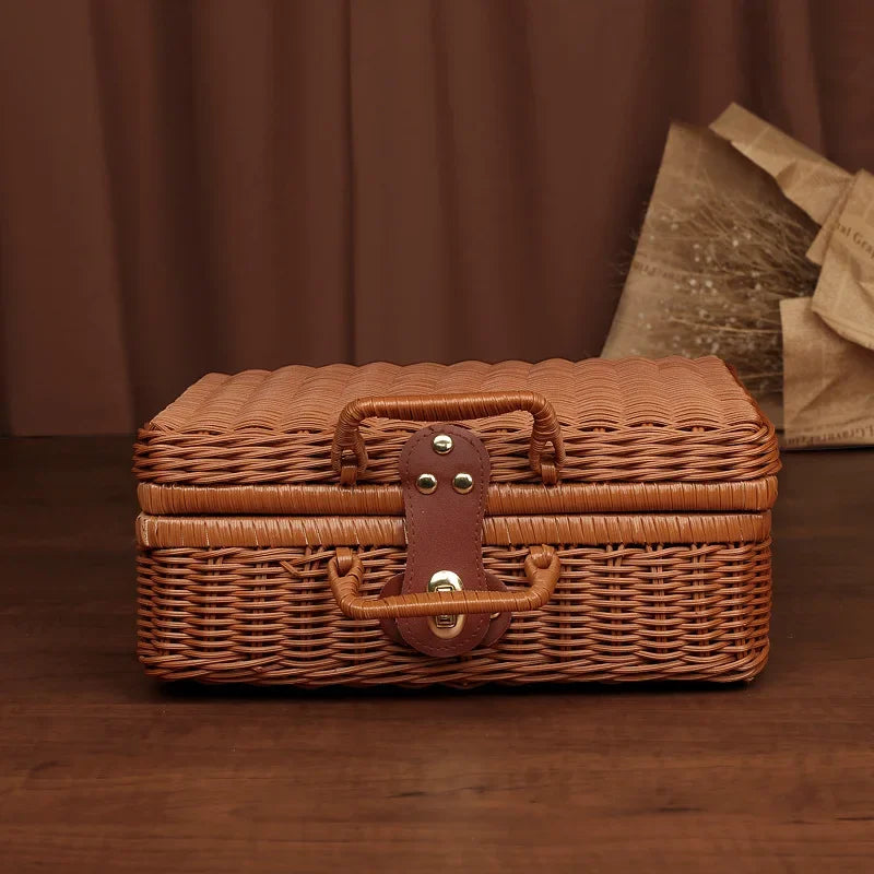 Retro Rattan Picnic Basket – Handmade Wicker Storage Suitcase