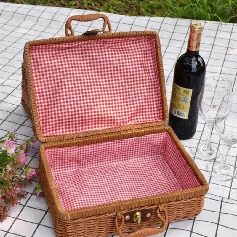 Retro Rattan Picnic Basket – Handmade Wicker Storage Suitcase