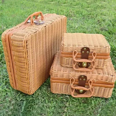 Retro Rattan Picnic Basket – Handmade Wicker Storage Suitcase