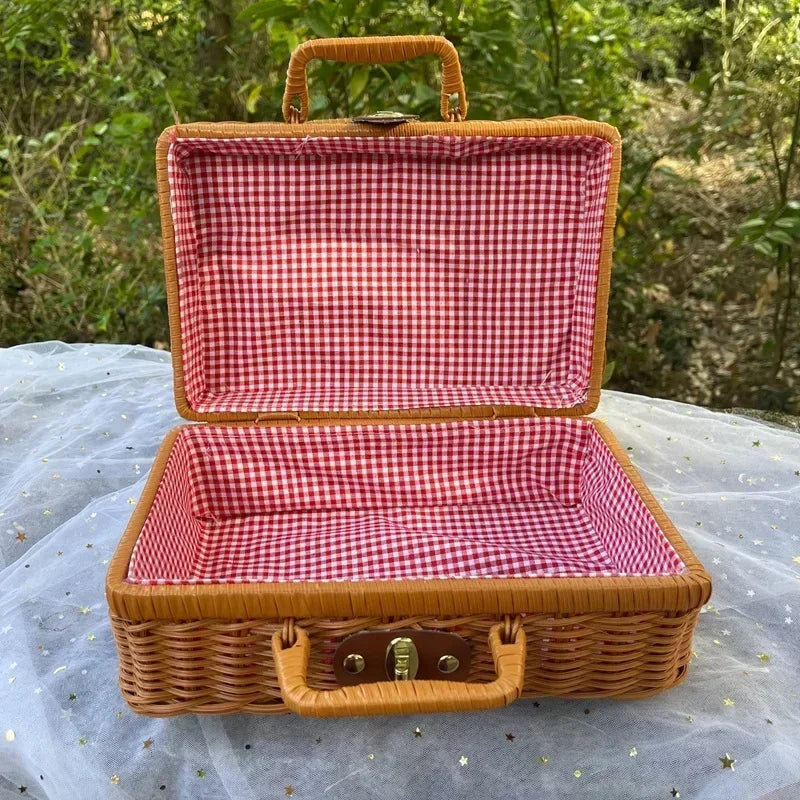 Retro Rattan Picnic Basket – Handmade Wicker Storage Suitcase
