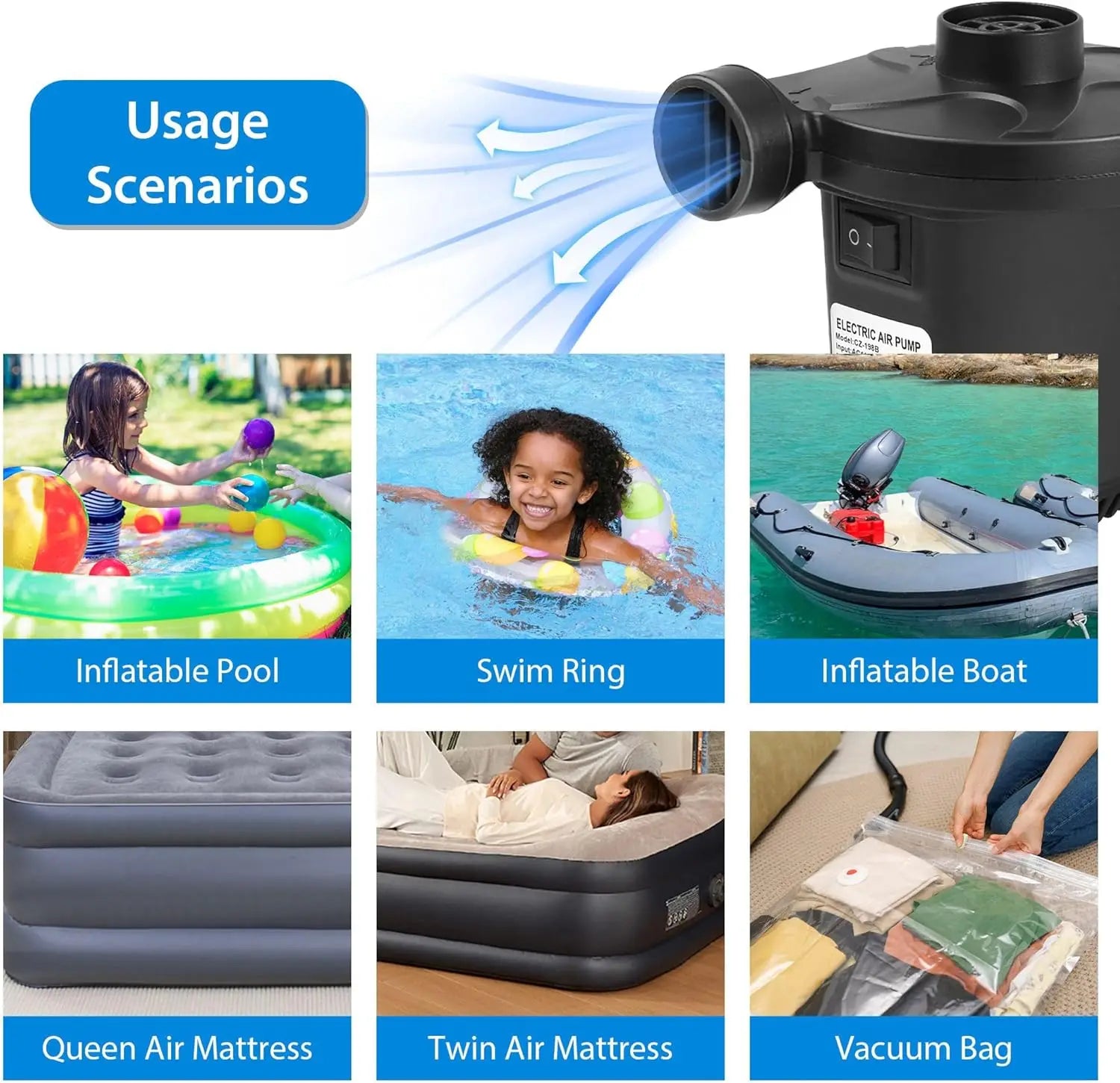 Portable Electric Air Pump – USB Rechargeable 2000mAh for Inflating/Deflating Beds, Pool Floats & Vacuum Bags