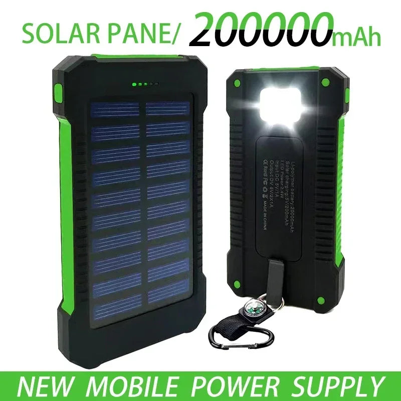 200,000mAh Solar Power Bank – Waterproof Fast-Charge Battery with SOS Flashlight for Outdoor & Emergency Use