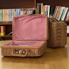 Retro Rattan Picnic Basket – Handmade Wicker Storage Suitcase